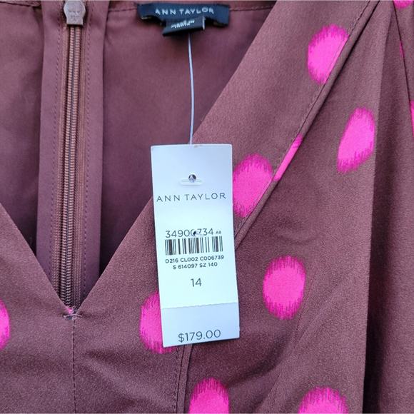 Ann Taylor Dotted Puff Sleeve Belted Flare Dress in Brown Stone Size 14 - Picture 8 of 8